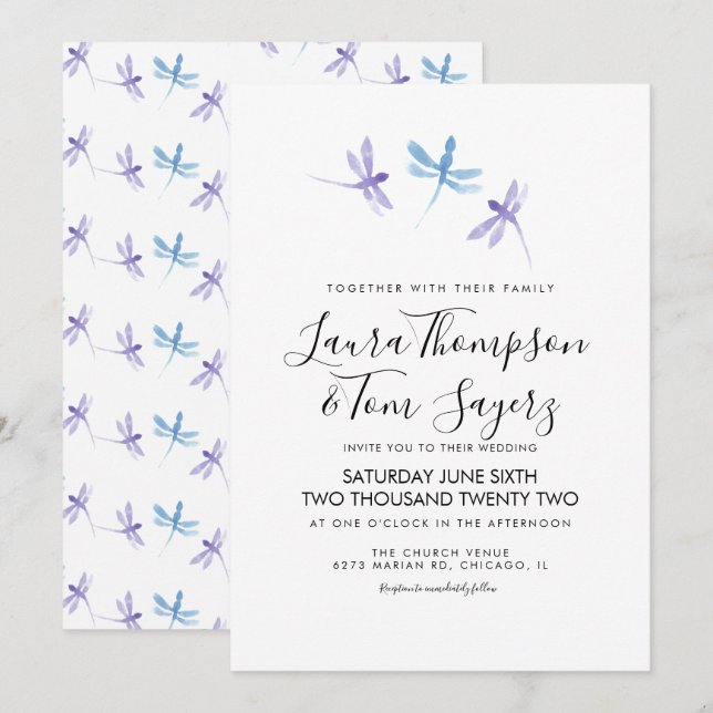 Invitación Boda de guión elegante de la libélula acuarela (Anverso / Reverso)