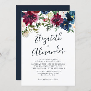 Invitación Boda de guión elegante de la Marina Floral Azul Bo