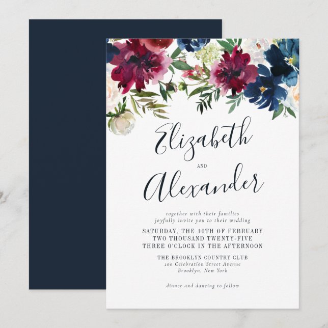 Invitación Boda de guión elegante de la Marina Floral Azul de (Anverso / Reverso)