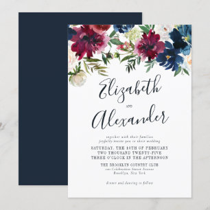 Invitación Boda de guión elegante de la Marina Floral Azul de