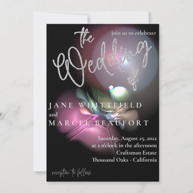 Invitación Boda de guión elegante de lente flare plateado de  (Anverso)