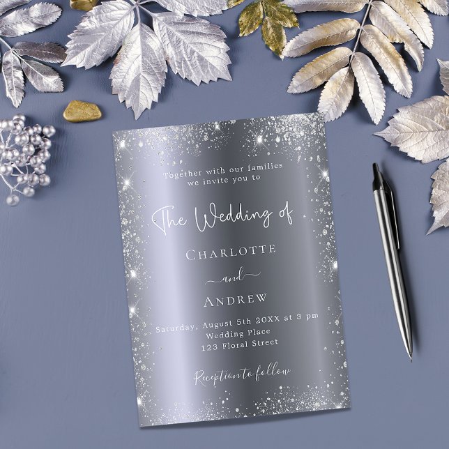 Invitación Boda de guión elegante de purpurina plateado (Subido por el creador)