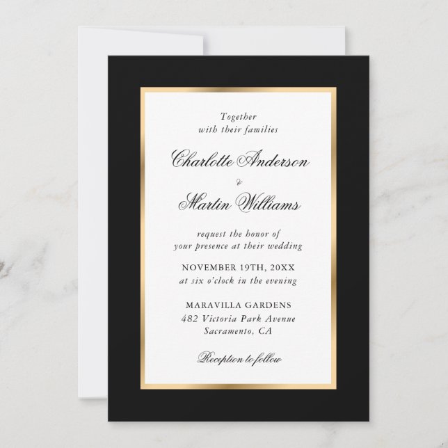 Invitación Boda de guión elegante del marco dorado negro (Anverso)