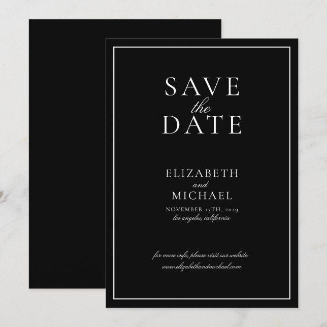 Invitación Boda de guión elegante en blanco y negro salva la  (Anverso / Reverso)