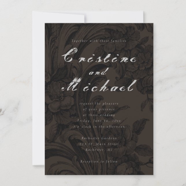 Invitación Boda de guión elegante ornamental oscuro (Anverso)