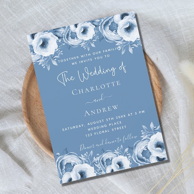 Invitación Boda de guión elegante y floral azul turbio (Subido por el creador)