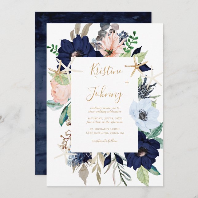 Invitación Boda de guión estelar de oro floral azul naumático (Anverso / Reverso)