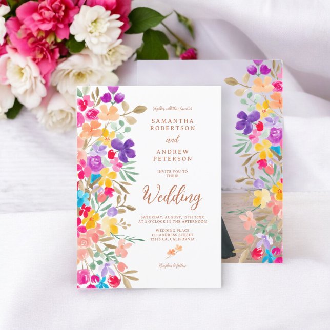 Invitación Boda de guion fotográfico de flores silvestres de  (Painted garden wildflowers photo script wedding invitation)