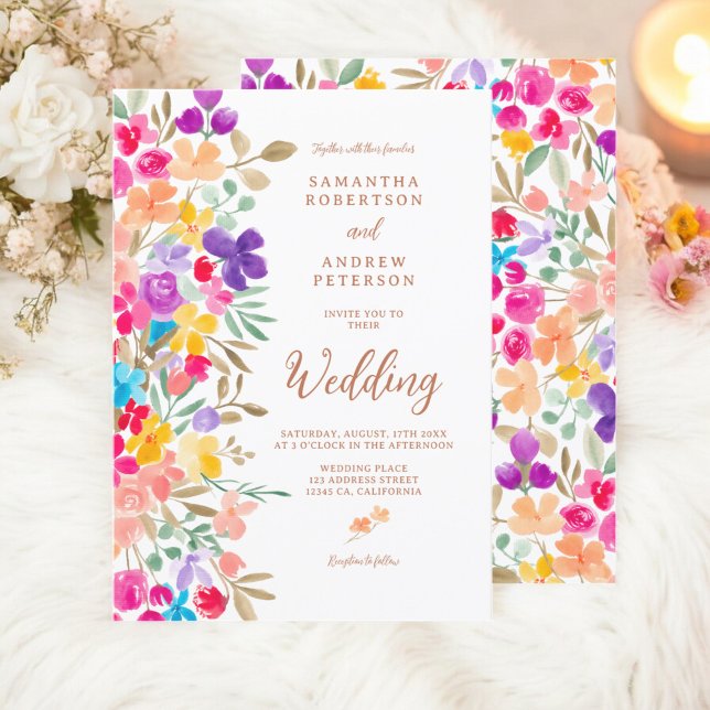 Invitación Boda de guion fotográfico de flores silvestres de  (Painted garden wildflowers photo script wedding invitation)