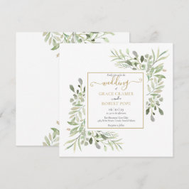 Invitación Boda de guión geométrico dorado con vegetación en