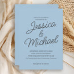 Invitación Boda de guión gris azul claro minimalista<br><div class="desc">Esta invitación a la boda azul claro y suave presenta un diseño minimalista moderno con nombres de escritura elegantes y texto sencillo en bloque para los detalles del evento. El suave fondo azul pastel ofrece un ambiente fresco y ventilado, perfecto para bodas de primavera o verano, ceremonias costeras o eventos...</div>