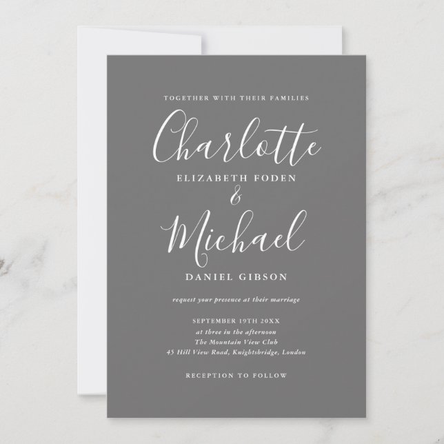Invitación Boda De Guión Gris Y Blanco Simple Elegante (Anverso)