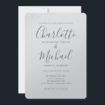 Invitación Boda de guión metálico romántico plateado de lujo<br><div class="desc">Con nombres de estilo característico,  esta elegante invitación a la boda puede ser personalizada con su información en letras grises de moda en una tarjeta metálica de plata. Diseñado por Thisisnotme©</div>