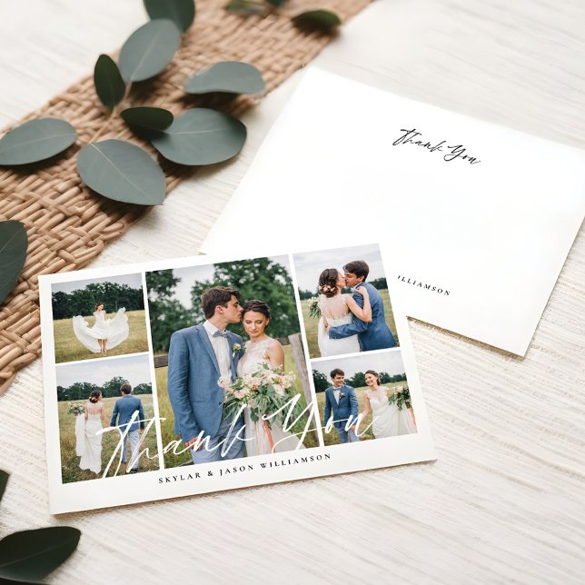 Invitación Boda de guión mínimo de pincel blanco de 5 Collage (Minimal 5 Photo Collage White Brush Script Wedding Invitation)