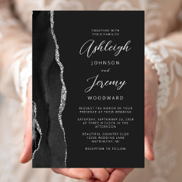 Invitación Boda de guión moderno de ágata de plata negra