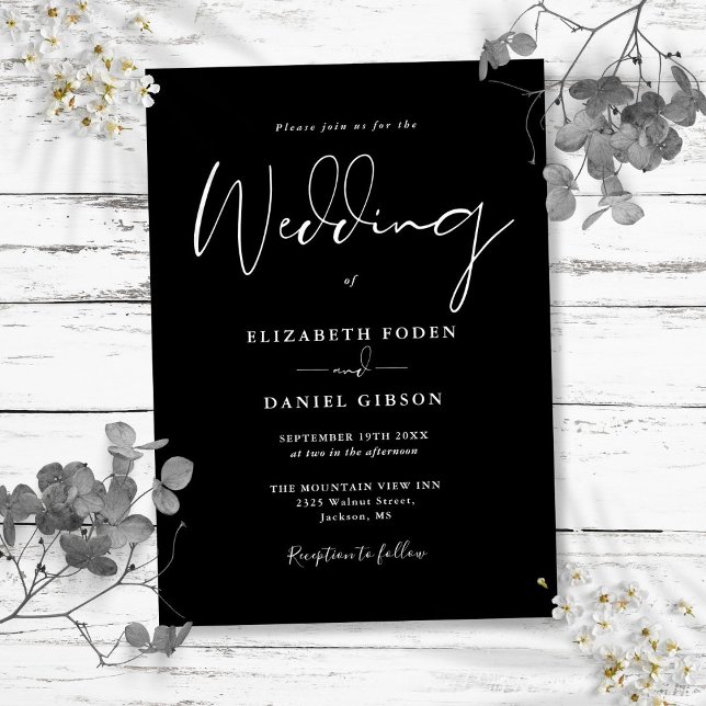 Invitación Boda De Guión Moderno De Estilo Blanco Y Negro (Black And White Elegant Modern Script Wedding Invitation)
