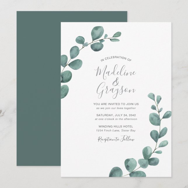 Invitación Boda de guión moderno de eucalipto verde (Anverso / Reverso)