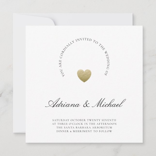 Invitación Boda de guión moderno del corazón dorado minimalis (Anverso)