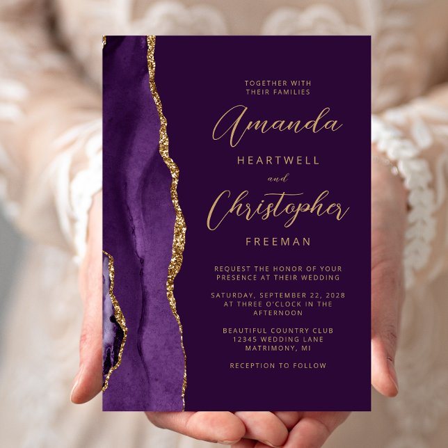 Invitación Boda de guión moderno Purple Agate Gold (Subido por el creador)