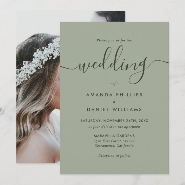 Invitación Boda de guión moderno verde de la foto (Anverso / Reverso)