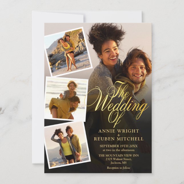 Invitación Boda De Guión Oro De 5 Collages de fotos (Anverso)