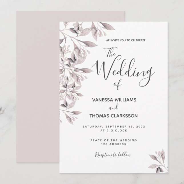 Invitación Boda de guión rosa polvoriento botánico (Anverso / Reverso)