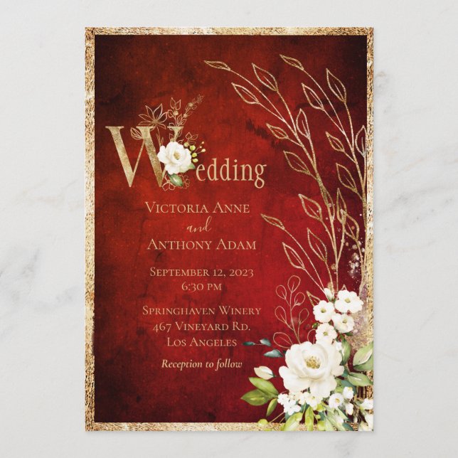 Invitación Boda de guión ruso de floral dorada (Anverso)