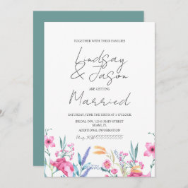 Invitación Boda de guión verde de flores silvestres de color 