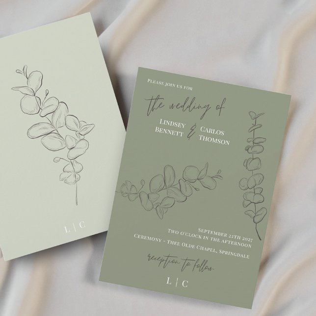 Invitación boda de guión verde de hojas dibujadas a mano mini (Subido por el creador)