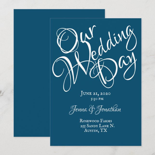 Invitación Boda de guiones blancos azules (Anverso / Reverso)