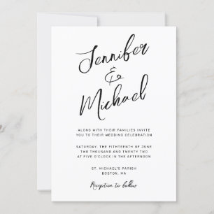 Invitación Boda de guiones con letras de mano negra blanca mo