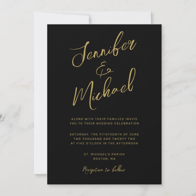 Invitación Boda de guiones con letras de oro negro moderno (Anverso)