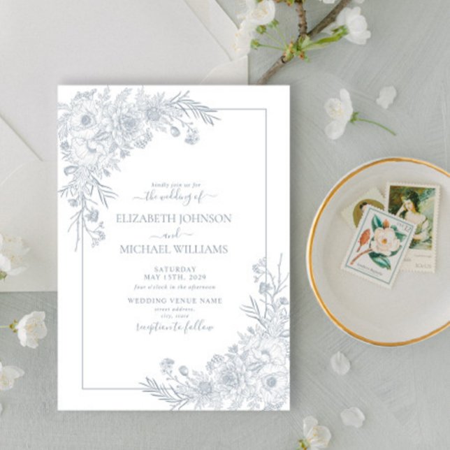 Invitación Boda de guiones de arte de la línea azul floral vi (Subido por el creador)