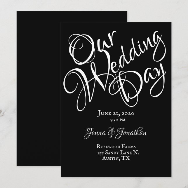 Invitación Boda de guiones de Bonito blanco y negro (Anverso / Reverso)