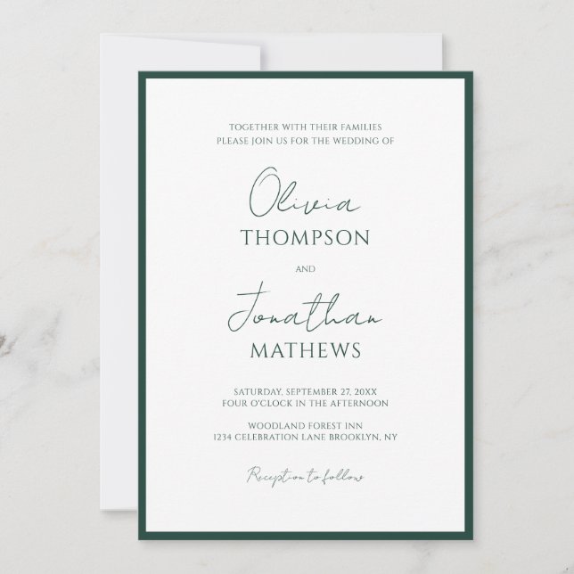 Invitación Boda de guiones de borde verde forestal simple (Anverso)