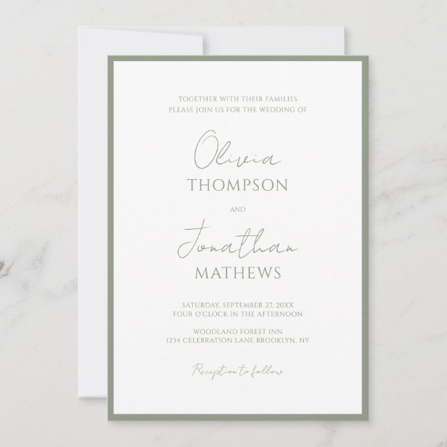 Invitación Boda de guiones de borde verde simple (Anverso)