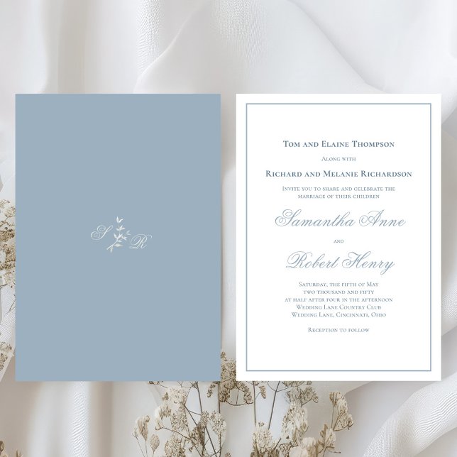 Invitación Boda de guiones de caligrafía azul turbia (Dusty blue elegant calligraphy script wedding invitations. )