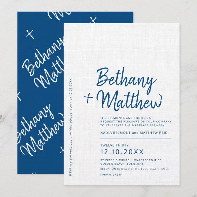 Invitación boda de guiones de caligrafía blanca azul minimali (Anverso / Reverso)