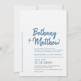 Invitación boda de guiones de caligrafía blanca azul minimali