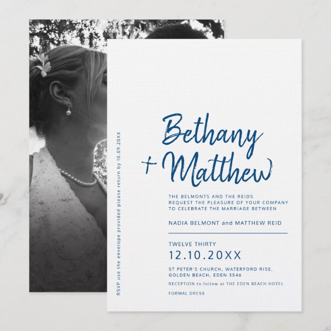 Invitación boda de guiones de caligrafía blanca azul minimali (Anverso / Reverso)
