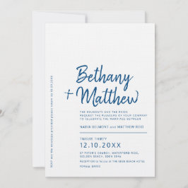 Invitación boda de guiones de caligrafía blanca azul minimali