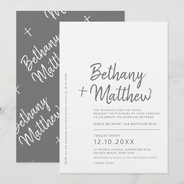Invitación boda de guiones de caligrafía blanca gris minimali (Anverso / Reverso)