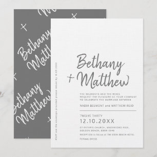 Invitación boda de guiones de caligrafía blanca gris minimali
