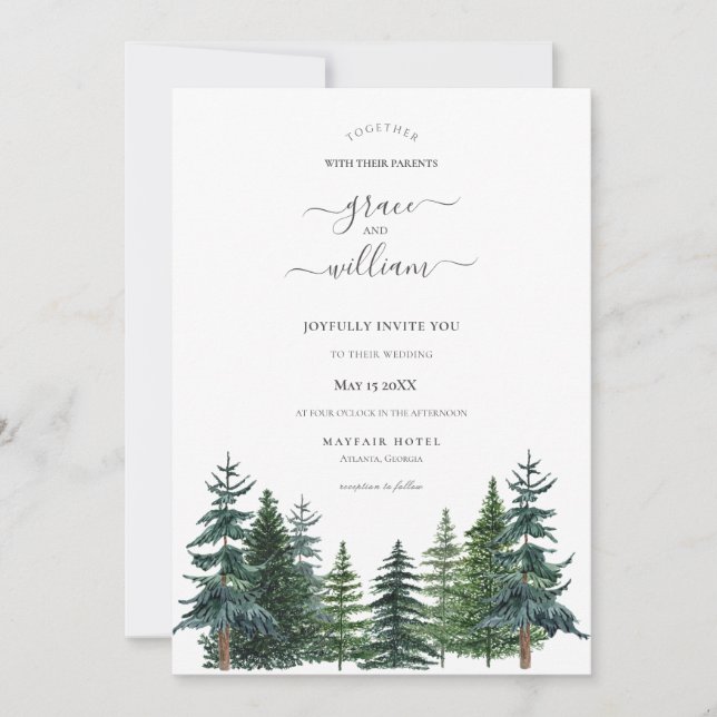 Invitación Boda de guiones de caligrafía de árboles forestale (Anverso)