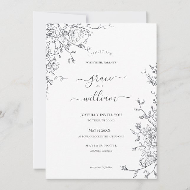 Invitación Boda de guiones de caligrafía floral blanca gris (Anverso)