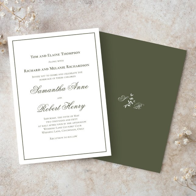 Invitación Boda de guiones de caligrafía verde clásico (Classic green elegant wedding invitations. )