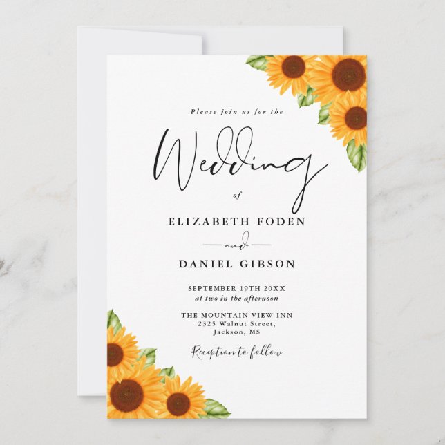 Invitación Boda de guiones de código QR floral de girasol (Anverso)