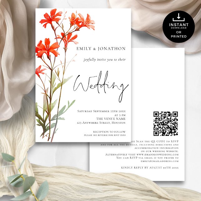 Invitación Boda de guiones de códigos QR para Flores salvajes (Front and back view)