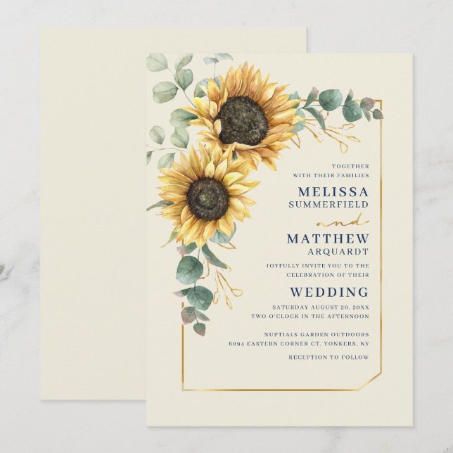 Invitación Boda de guiones de eucalipto floral de girasol (Anverso / Reverso)