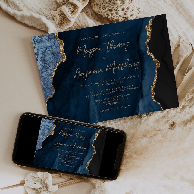 Invitación Boda de guiones de la Marina Blue Gold Agate (Subido por el creador)